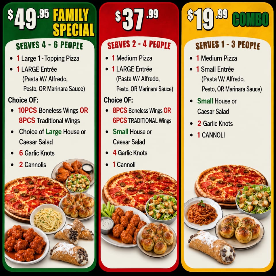 Three pizza combo deals with pizzas, pastas, wings, salads, garlic knots, and cannolis.