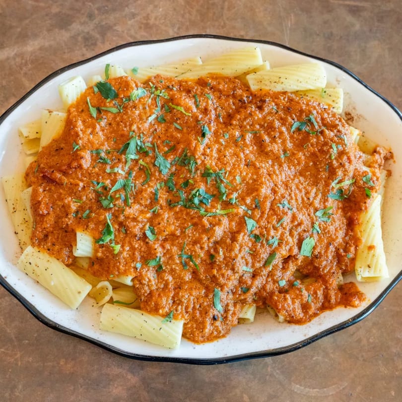 A white bowl filled with rigatoni pasta topped with a rich red sauce and fresh parsley.